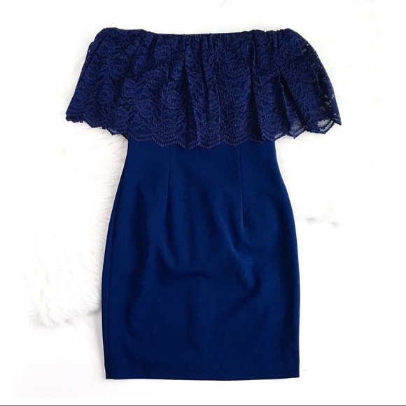 Aidan Mattox | navy off shoulder lace crepe dress - Picture 5 of 8